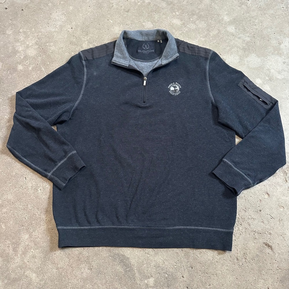 Bugatchi Pullover Mens Large Gray Pebble Beach Golf 1/4 Zip Pocket Stretch‎